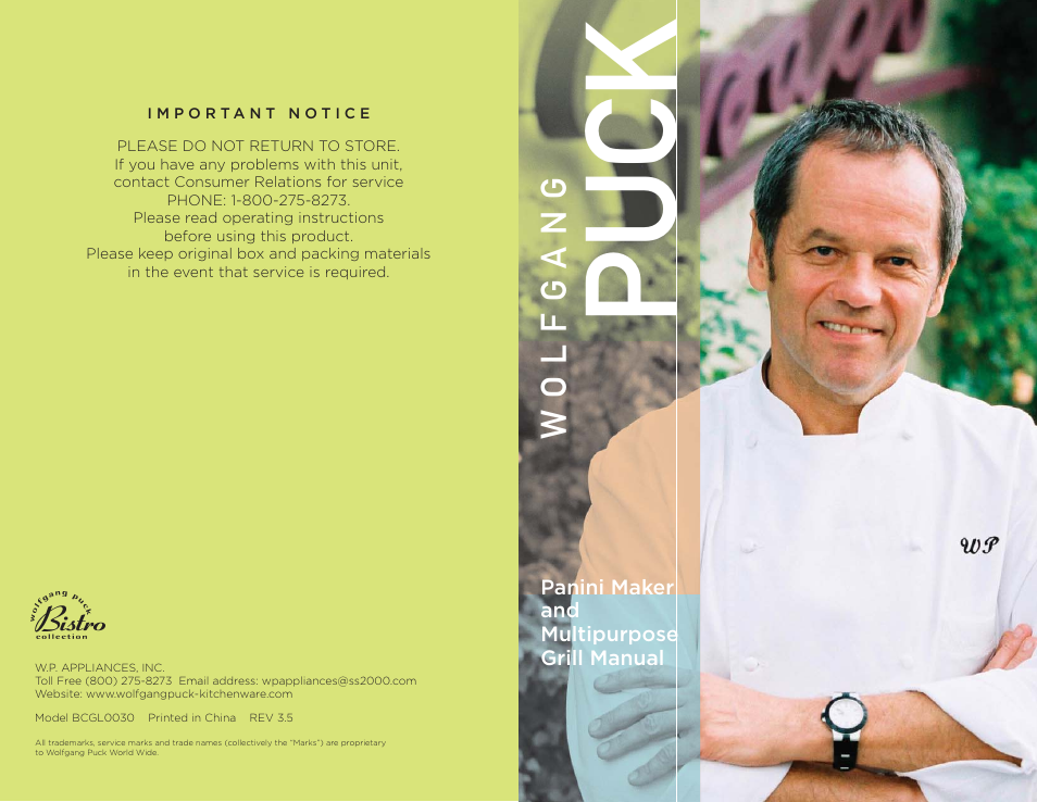 Wolfgang Puck BCGL0030 User Manual | 16 pages