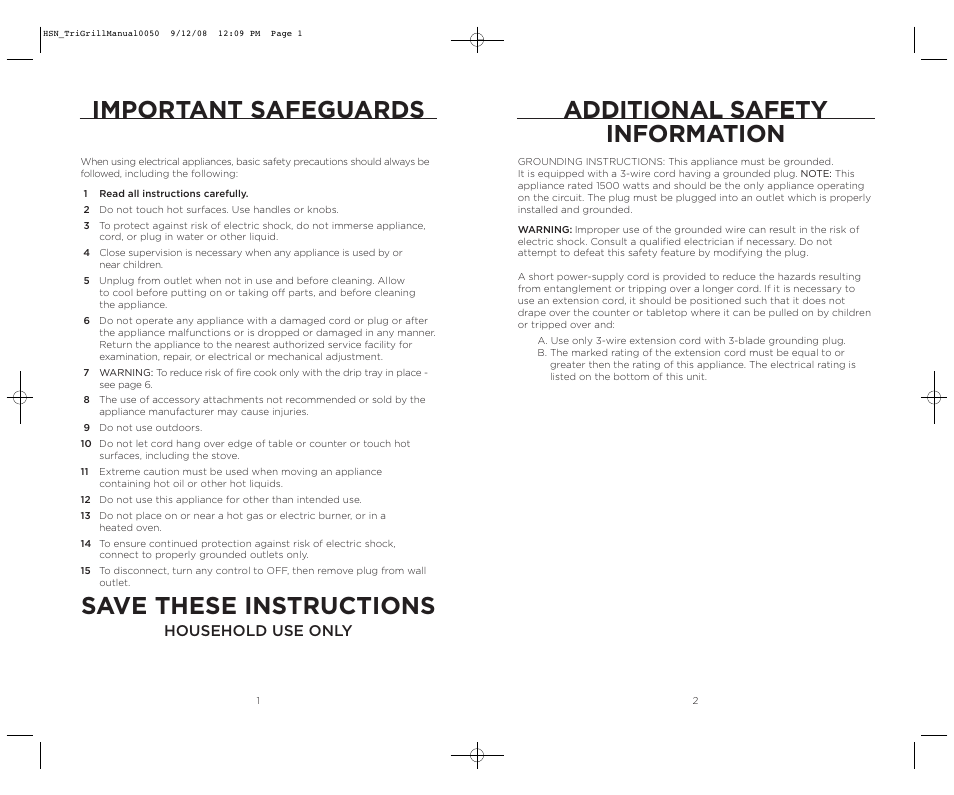 Important safeguards, Save these instructions, Additional safety information | Household use only | Wolfgang Puck TRI-GRILL BCGL0050 User Manual | Page 2 / 20