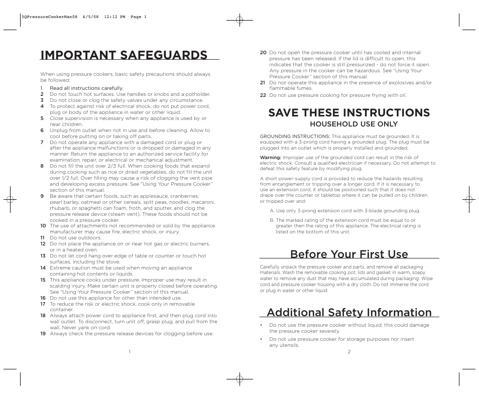 Important safeguards, Before your first use, Save these instructions | Additional safety information, Household use only | Wolfgang Puck BPCR0005 User Manual | Page 2 / 32