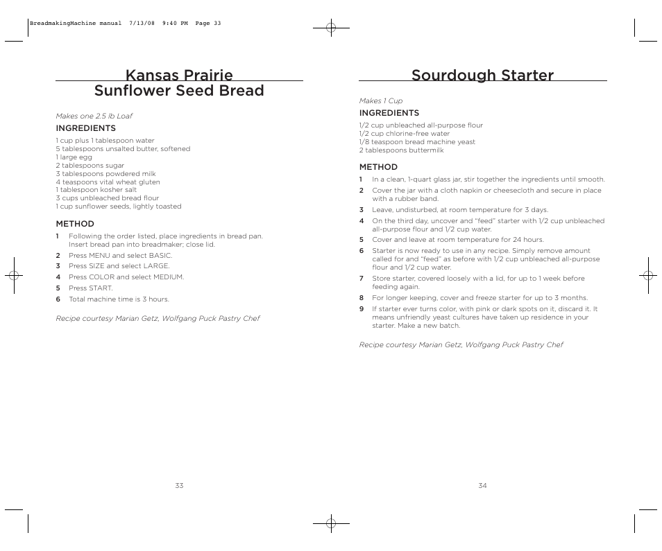 Kansas prairie sunflower seed bread, Sourdough starter | Wolfgang Puck BBME025 User Manual | Page 18 / 35