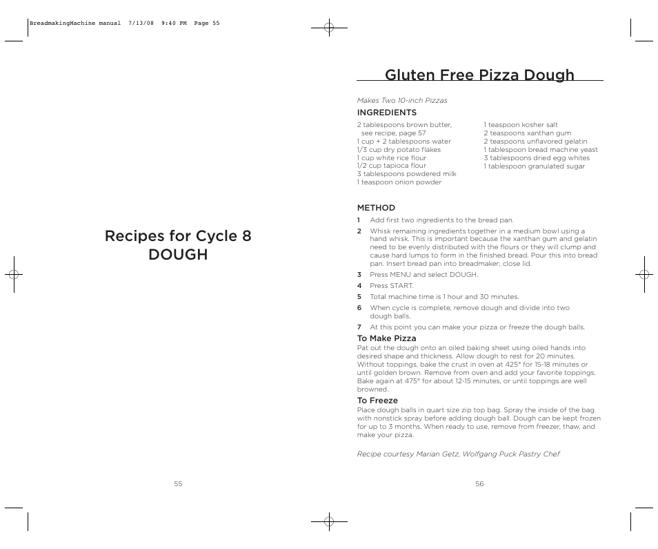 Gluten free pizza dough, Recipes for cycle 8 dough | Wolfgang Puck BBME025 User Manual | Page 29 / 35