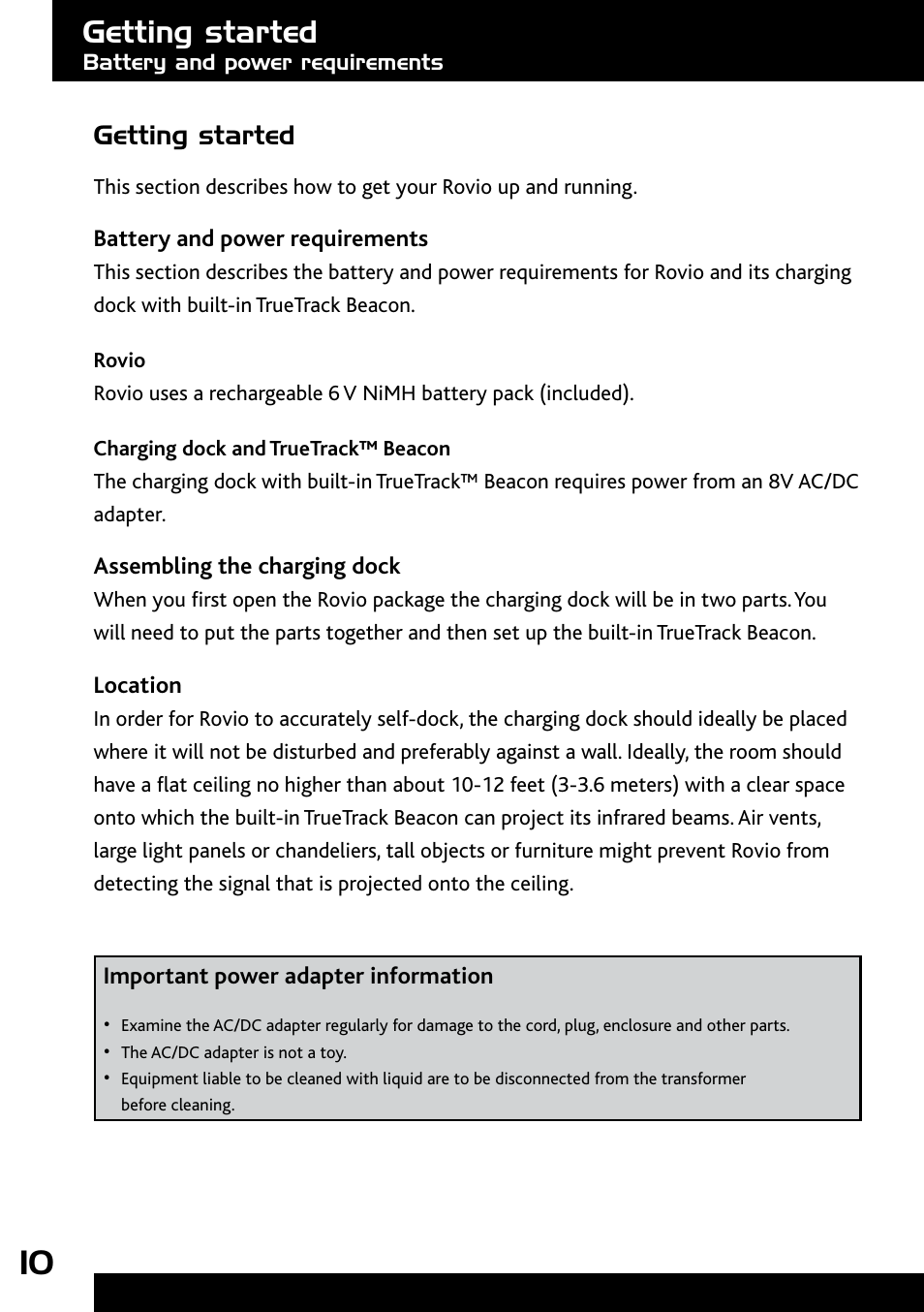 Getting started, Battery and power requirements, Rovio | Charging dock and truetrack™ beacon, Assembling the charging dock, Location | Wow Wee Rovio 8033 User Manual | Page 10 / 54