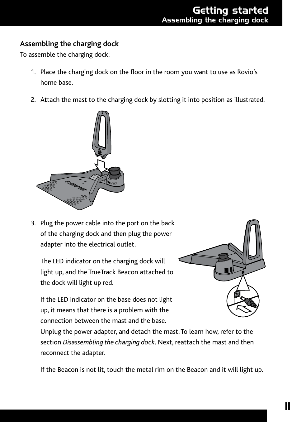 Assembling the charging dock, Getting started | Wow Wee Rovio 8033 User Manual | Page 11 / 54