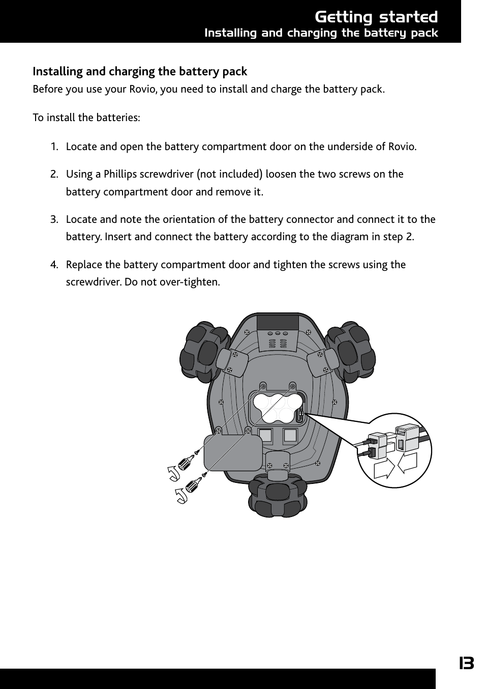 Installing and charging the battery pack, Getting started | Wow Wee Rovio 8033 User Manual | Page 13 / 54