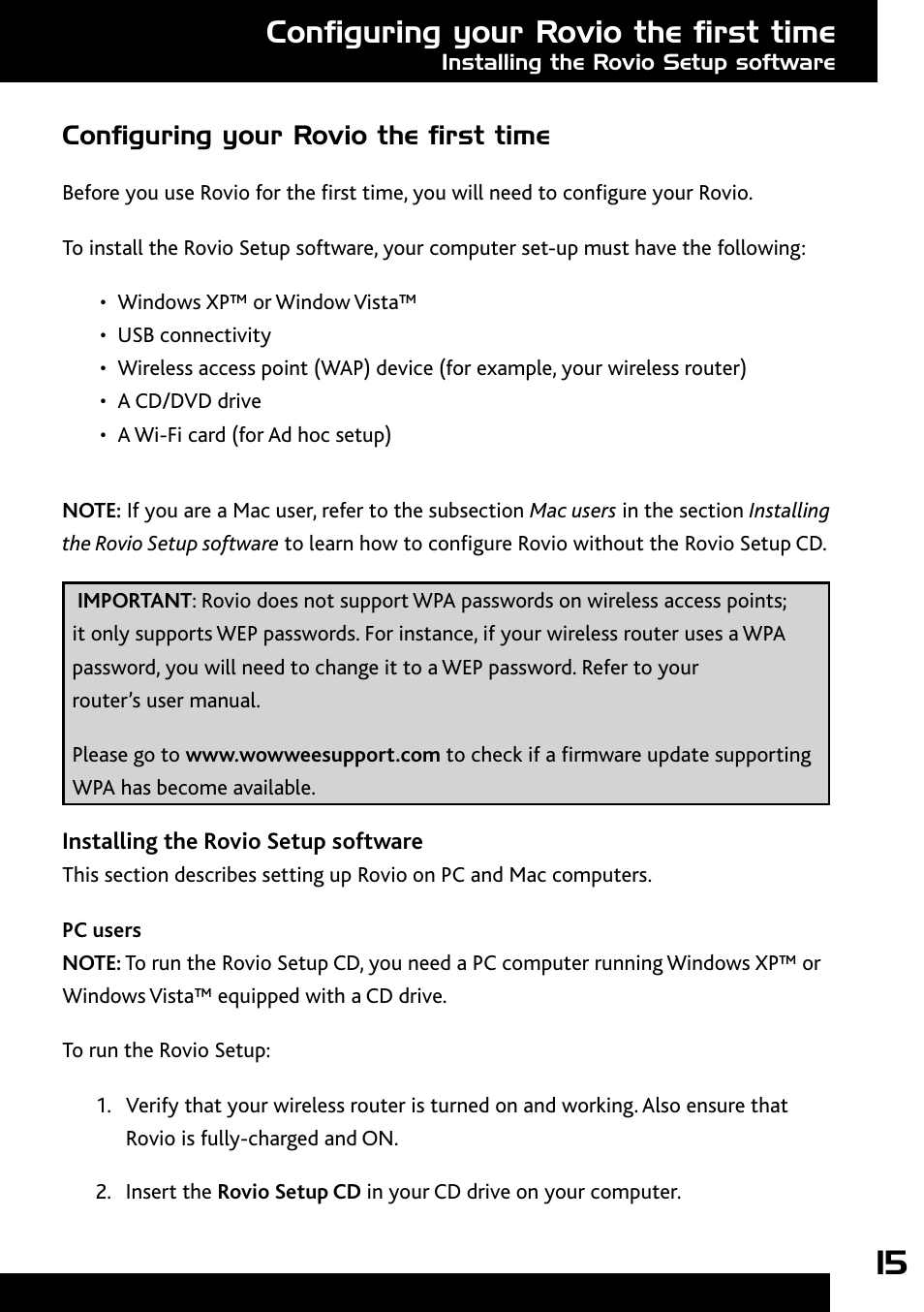 Configuring your rovio the first time, Installing the rovio setup software, Pc users | Wow Wee Rovio 8033 User Manual | Page 15 / 54