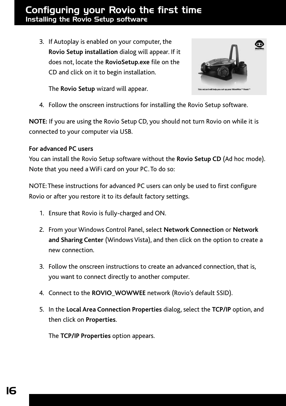 For advanced pc users, Configuring your rovio the first time | Wow Wee Rovio 8033 User Manual | Page 16 / 54