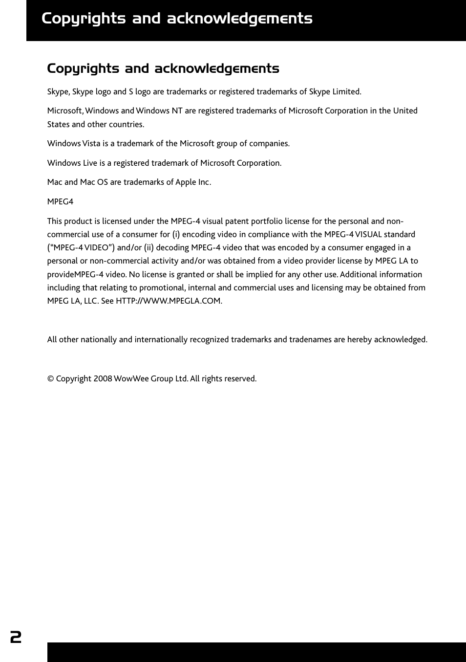 Copyrights and acknowledgements | Wow Wee Rovio 8033 User Manual | Page 2 / 54