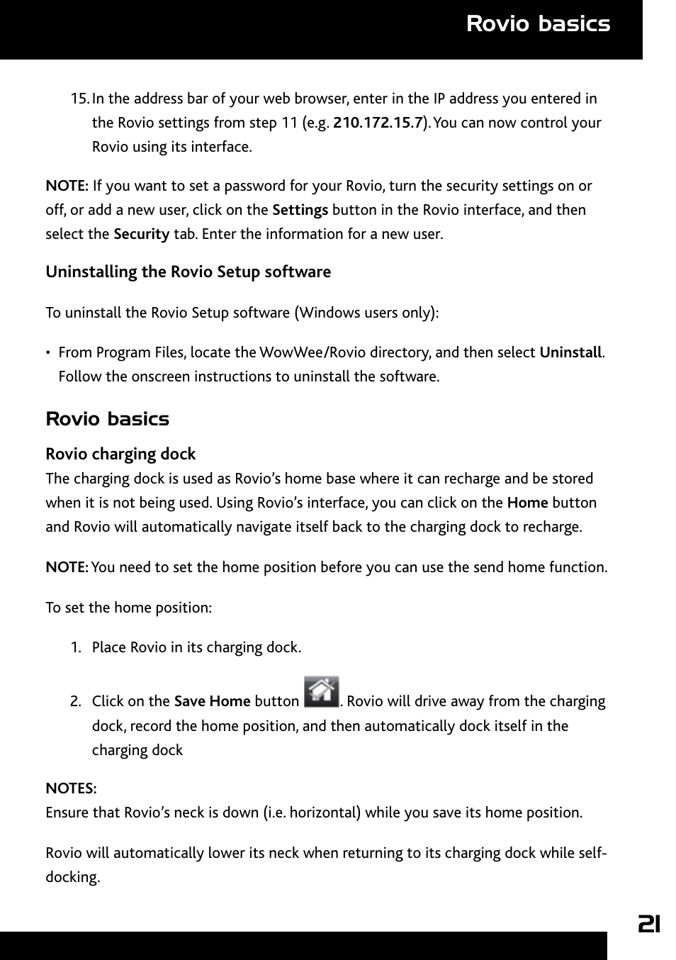 Rovio basics, Rovio charging dock | Wow Wee Rovio 8033 User Manual | Page 21 / 54