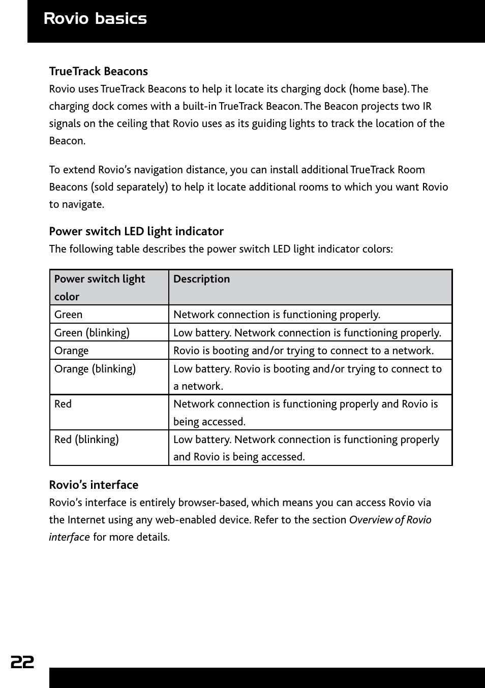 Truetrack beacons, Power switch led light indicator, Rovio basics | Wow Wee Rovio 8033 User Manual | Page 22 / 54