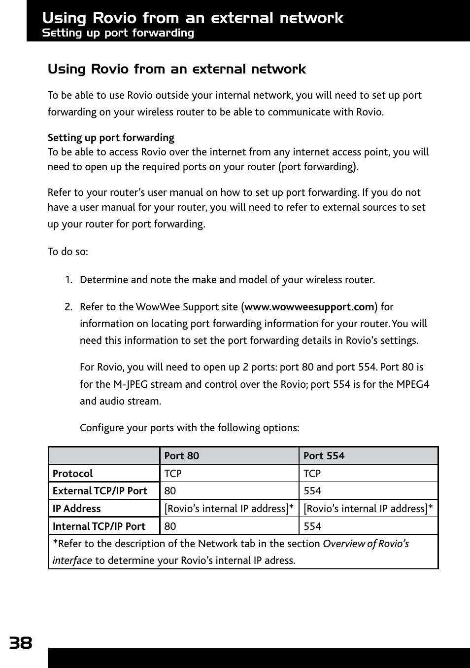 Setting up port forwarding, Using rovio from an external network | Wow Wee Rovio 8033 User Manual | Page 38 / 54