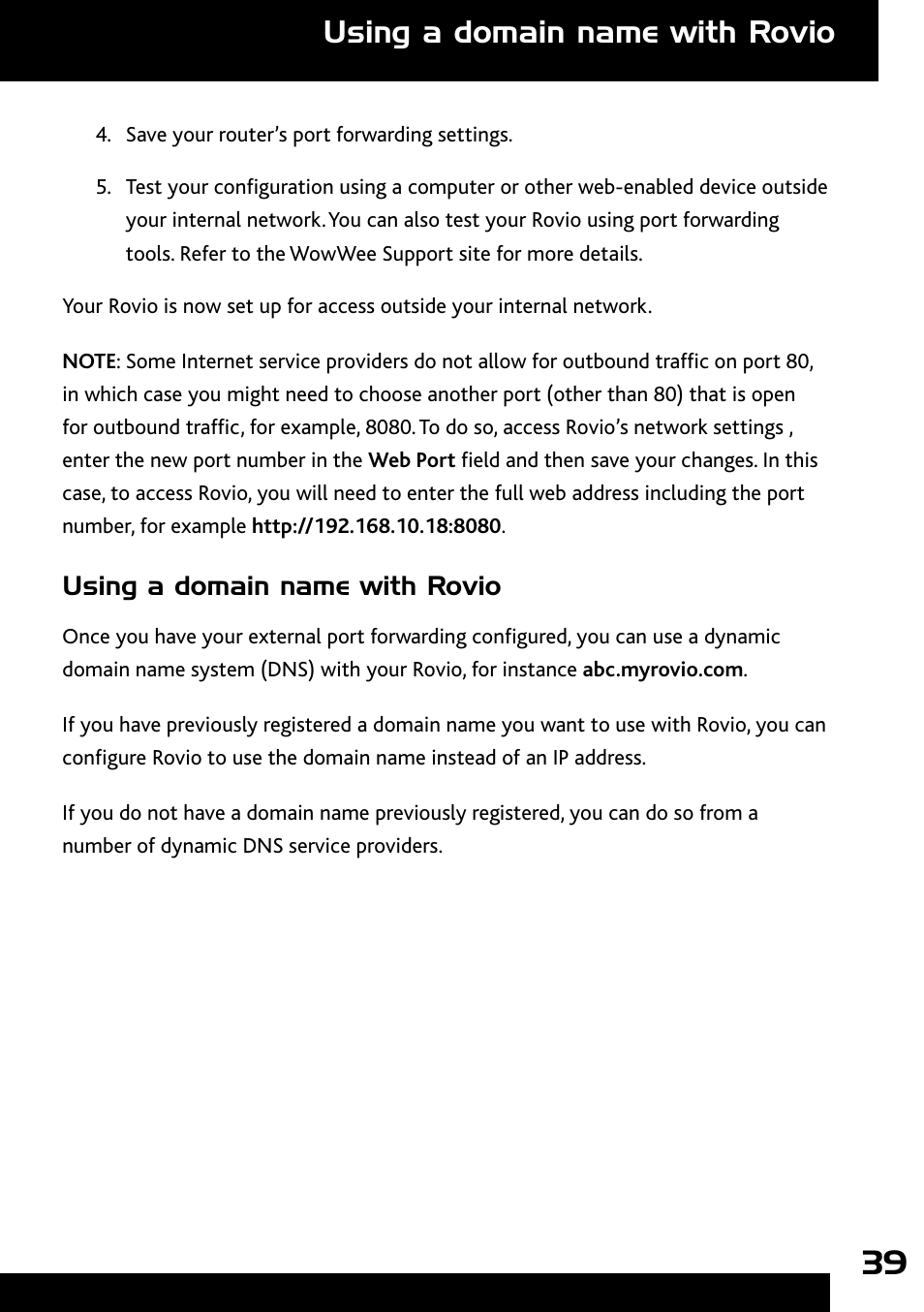 Using a domain name with rovio | Wow Wee Rovio 8033 User Manual | Page 39 / 54