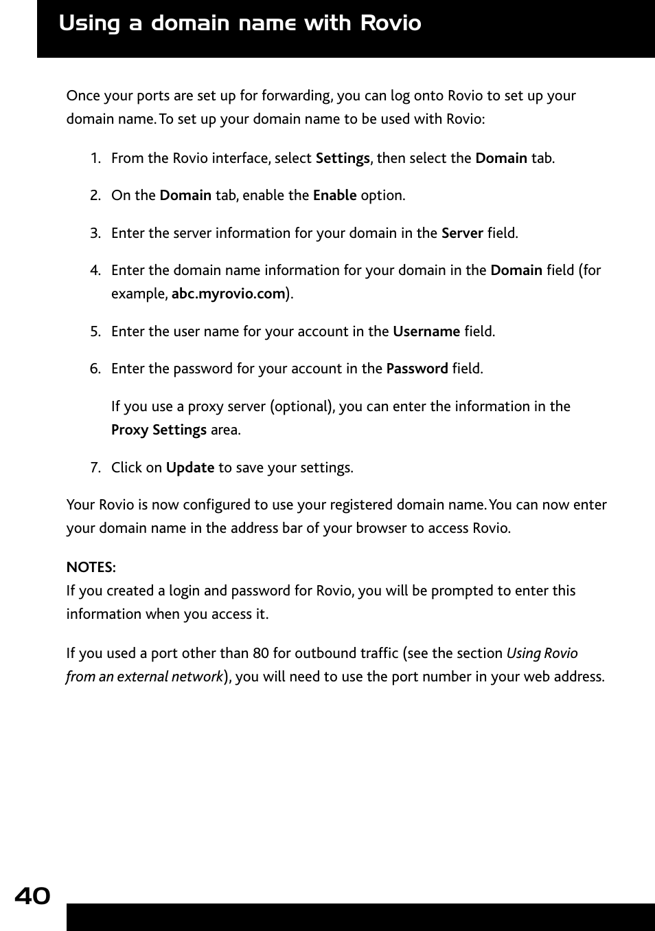 Creating, saving and playing back paths, Using a domain name with rovio | Wow Wee Rovio 8033 User Manual | Page 40 / 54