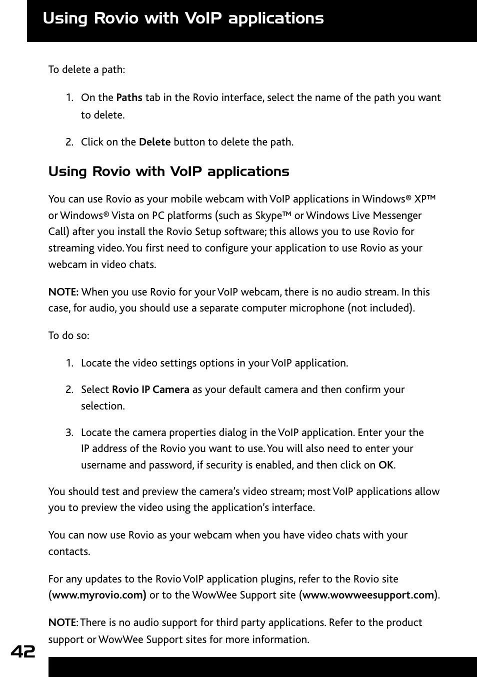 Updating the rovio firmware, Using rovio with voip applications | Wow Wee Rovio 8033 User Manual | Page 42 / 54