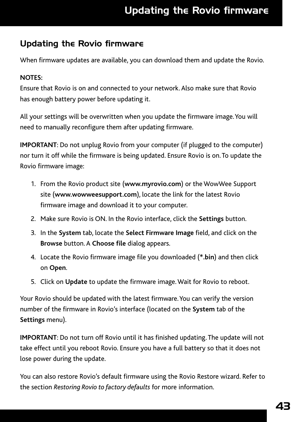 Updating the rovio firmware | Wow Wee Rovio 8033 User Manual | Page 43 / 54