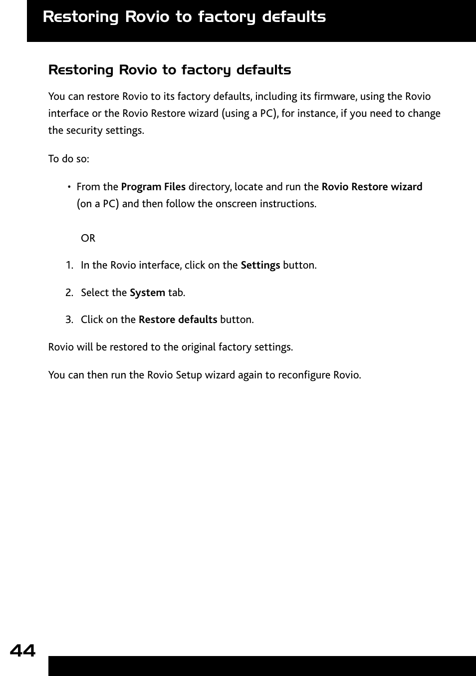 Restoring rovio to factory defaults | Wow Wee Rovio 8033 User Manual | Page 44 / 54