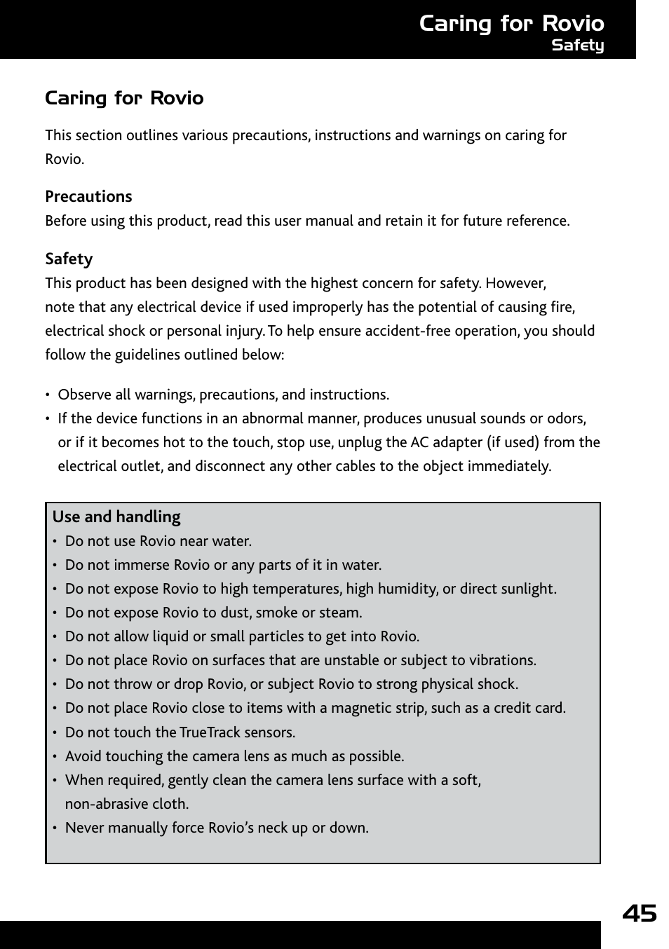 Caring for rovio, Precautions, Safety | Use and handling, Faqs | Wow Wee Rovio 8033 User Manual | Page 45 / 54