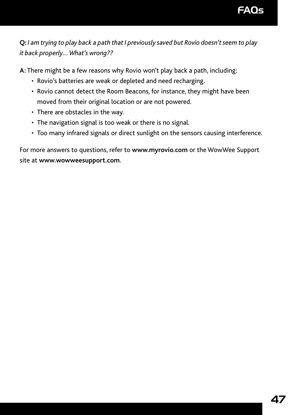 Appendix a, Faqs | Wow Wee Rovio 8033 User Manual | Page 47 / 54