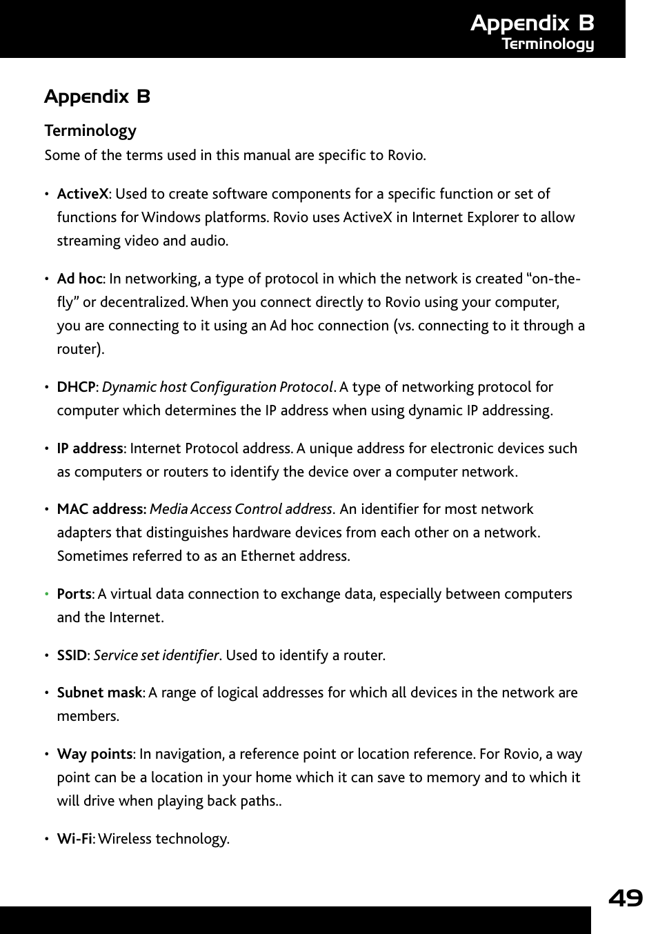 Index, Appendix b | Wow Wee Rovio 8033 User Manual | Page 49 / 54