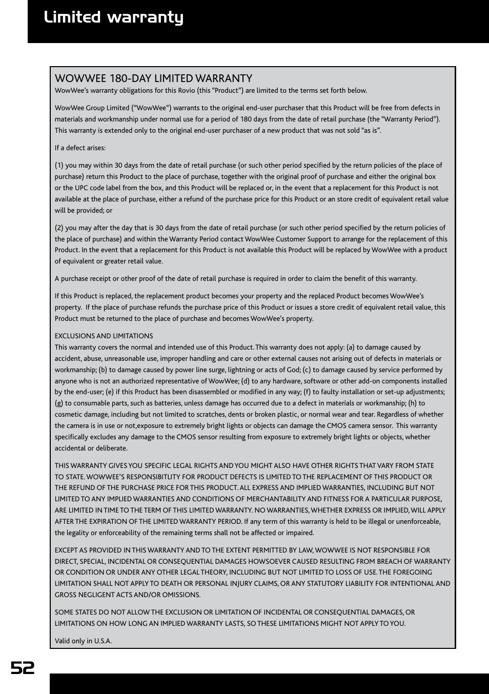 Limited warranty, Wowwee 180-day limited warranty | Wow Wee Rovio 8033 User Manual | Page 52 / 54