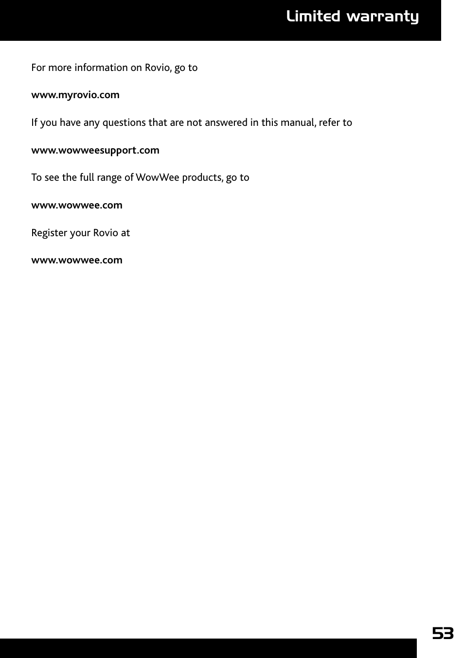 Limited warranty | Wow Wee Rovio 8033 User Manual | Page 53 / 54