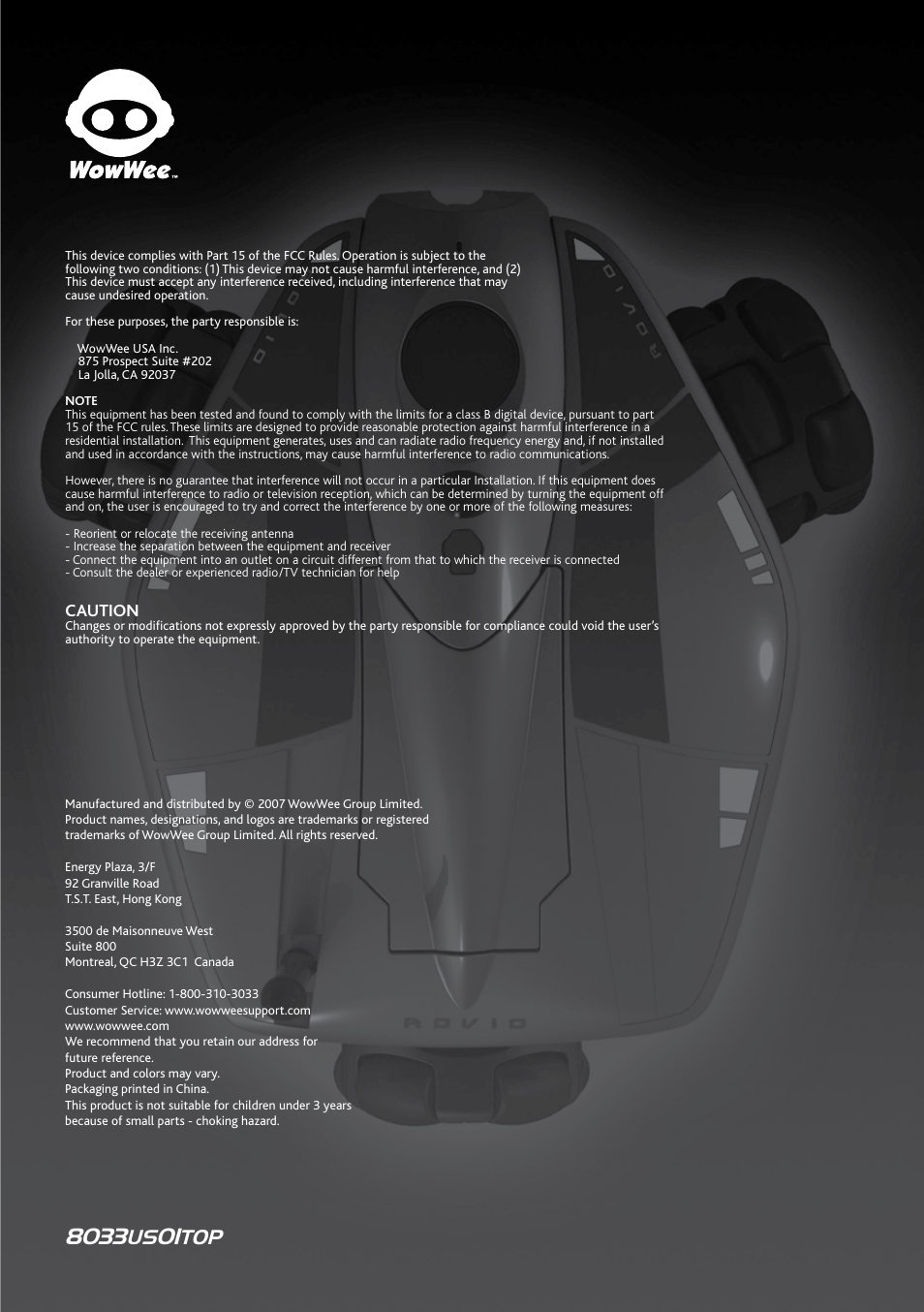 Back cover, Caution | Wow Wee Rovio 8033 User Manual | Page 54 / 54
