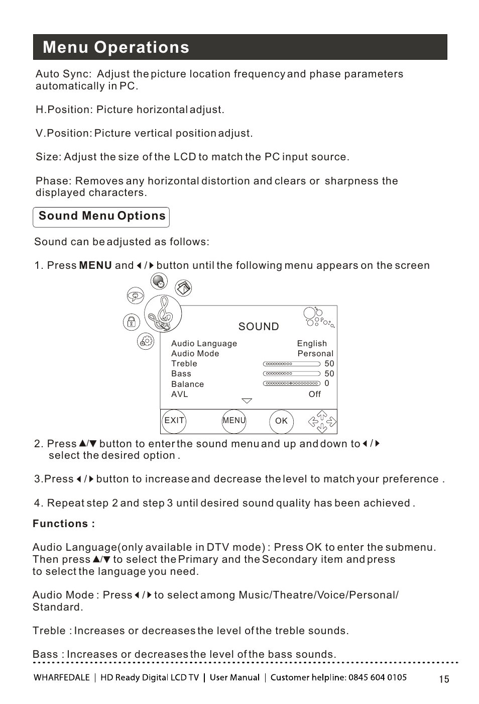 Т³гж 16, Menu operations | Wharfedale LY22T3CBW-UM User Manual | Page 16 / 44