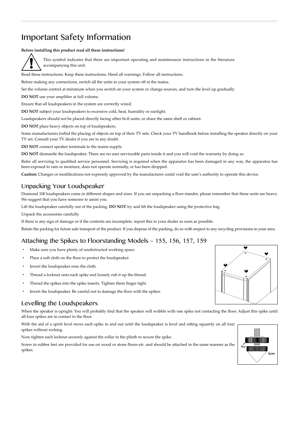 Important safety information, Unpacking your loudspeaker, Levelling the loudspeakers | Wharfedale Diamond 159 User Manual | Page 2 / 12