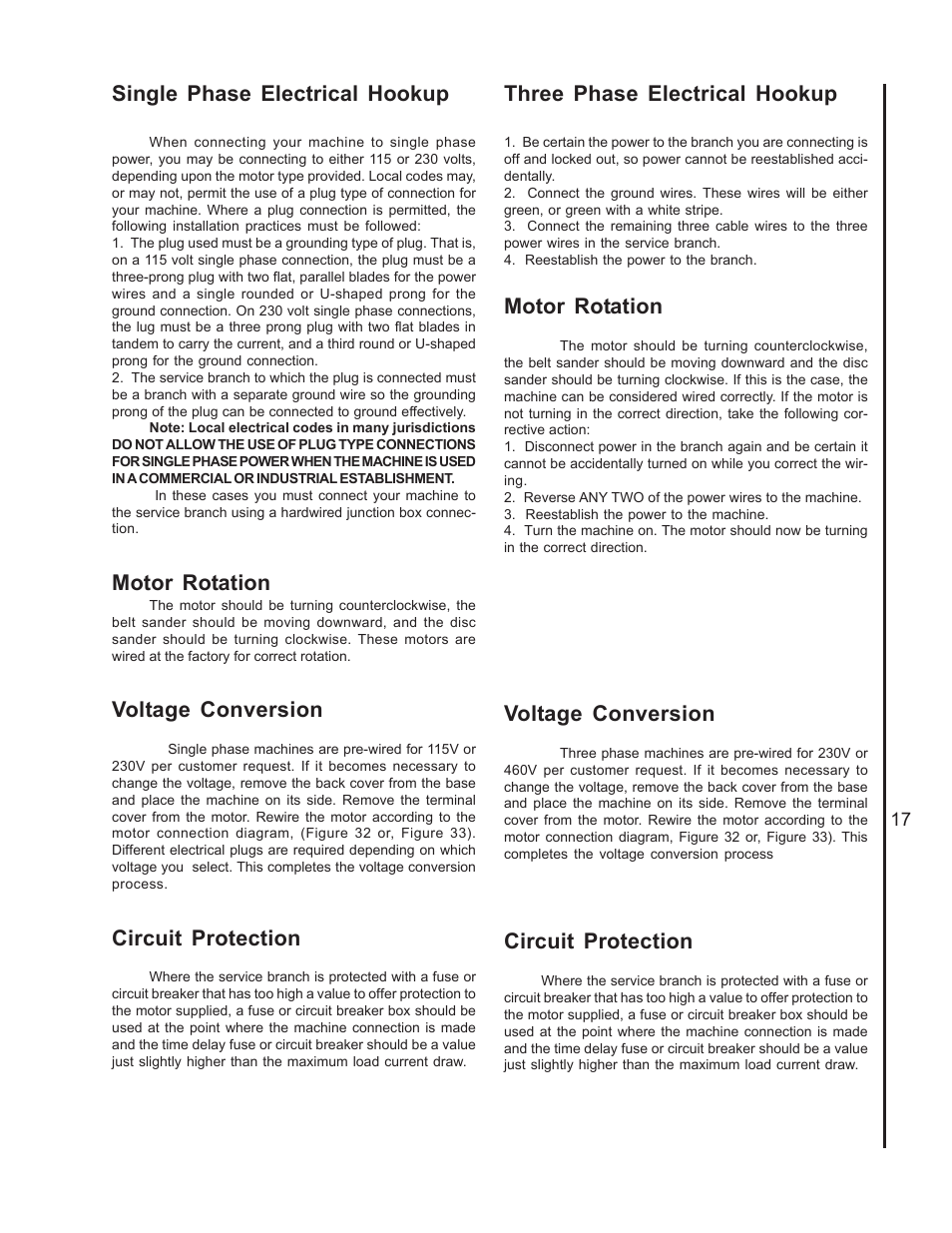 Single phase electrical hookup, Motor rotation, Voltage conversion | Circuit protection, Three phase electrical hookup | Wilton 4400A User Manual | Page 17 / 32