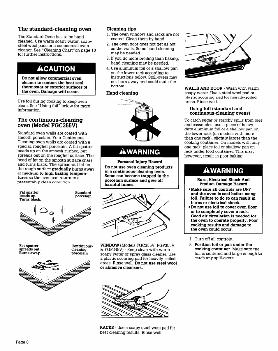 The standard-cleaning oven, The continuous-cleaning oven (model fgc355v), Cleaning tips | Hand cleaning, Using foil (standard and, Continuous-cleaning ovens) | Whirlpool FGP355V User Manual | Page 8 / 12