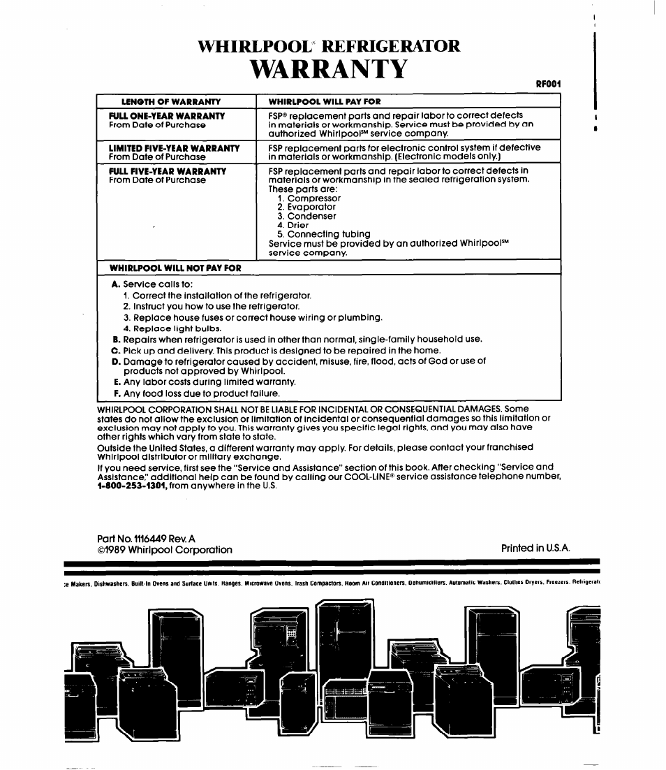 Warranty, Whirlpool refrigerator | Whirlpool ED20PK User Manual | Page 20 / 20