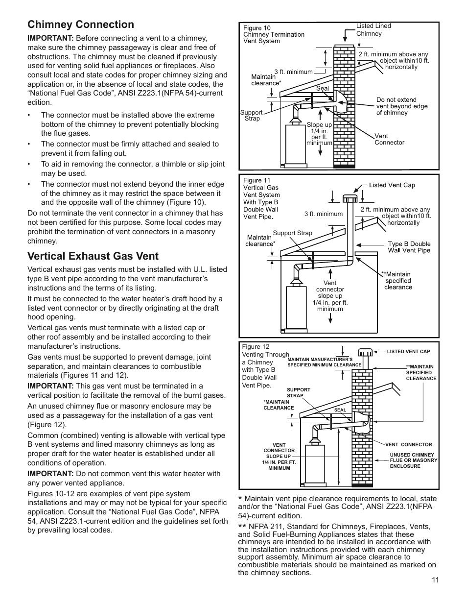Chimney connection, Vertical exhaust gas vent | Whirlpool Residential Gas Water Heater with the Flame Lock Safety System User Manual | Page 11 / 32