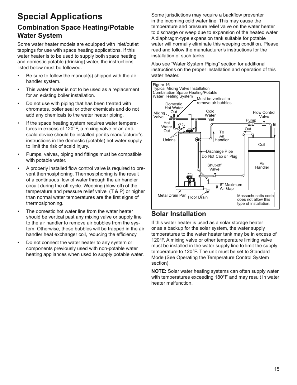 Special applications, Combination space heating/potable water system, Solar installation | Whirlpool Residential Gas Water Heater with the Flame Lock Safety System User Manual | Page 15 / 32
