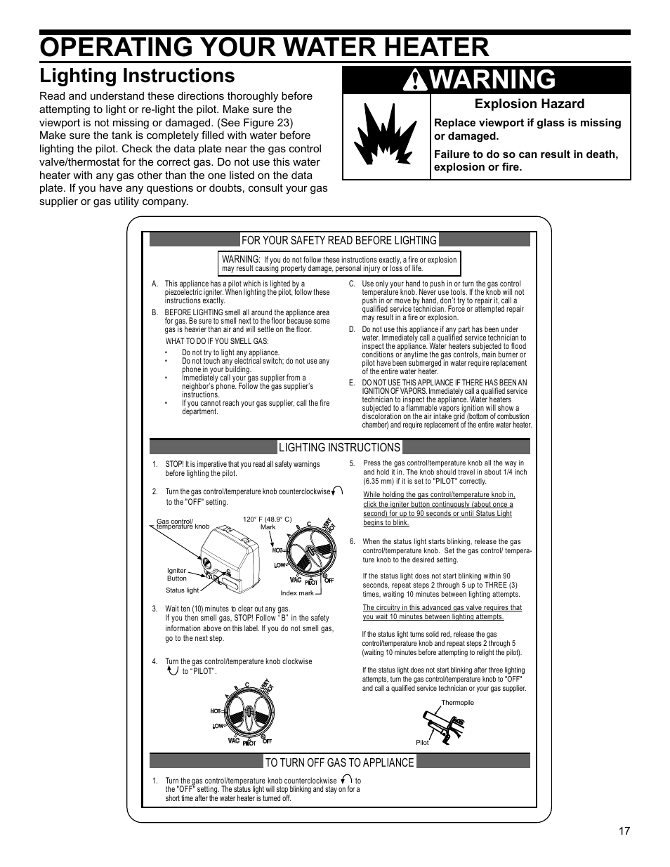 Operating your water heater, Warning, Lighting instructions | Explosion hazard, For your safety read before lighting | Whirlpool Residential Gas Water Heater with the Flame Lock Safety System User Manual | Page 17 / 32