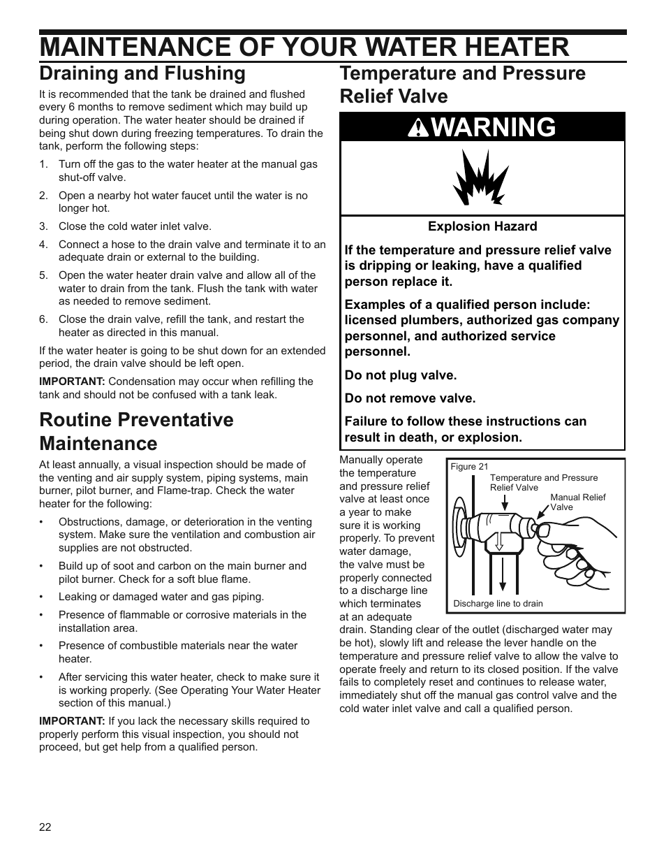 Maintenance of your water heater, Warning, Draining and flushing | Routine preventative maintenance, Temperature and pressure relief valve | Whirlpool Residential Gas Water Heater with the Flame Lock Safety System User Manual | Page 22 / 32