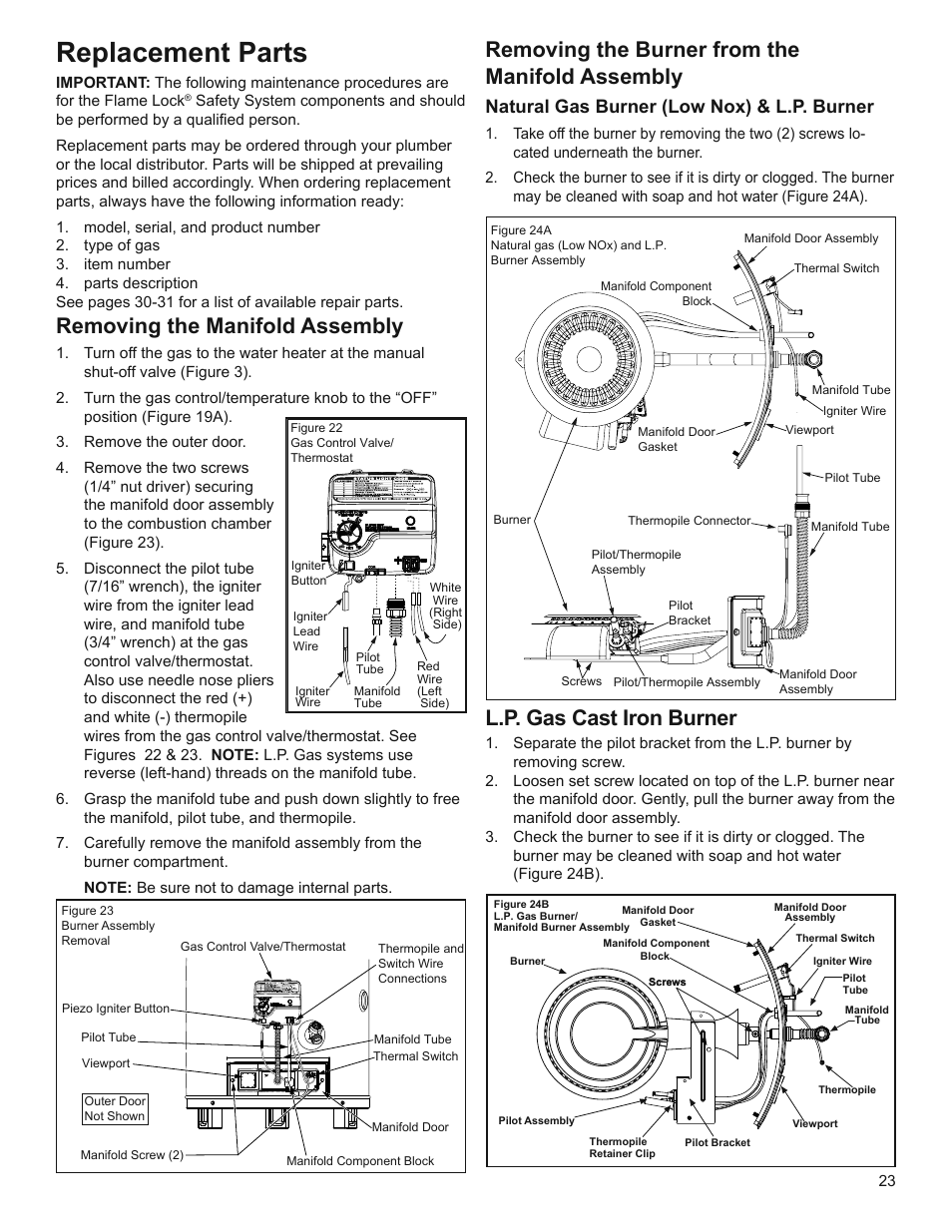 Replacement parts, Removing the manifold assembly, Removing the burner from the manifold assembly | L.p. gas cast iron burner, Natural gas burner (low nox) & l.p. burner | Whirlpool Residential Gas Water Heater with the Flame Lock Safety System User Manual | Page 23 / 32