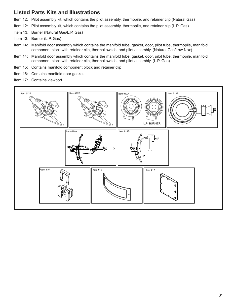 Listed parts kits and illustrations | Whirlpool Residential Gas Water Heater with the Flame Lock Safety System User Manual | Page 31 / 32