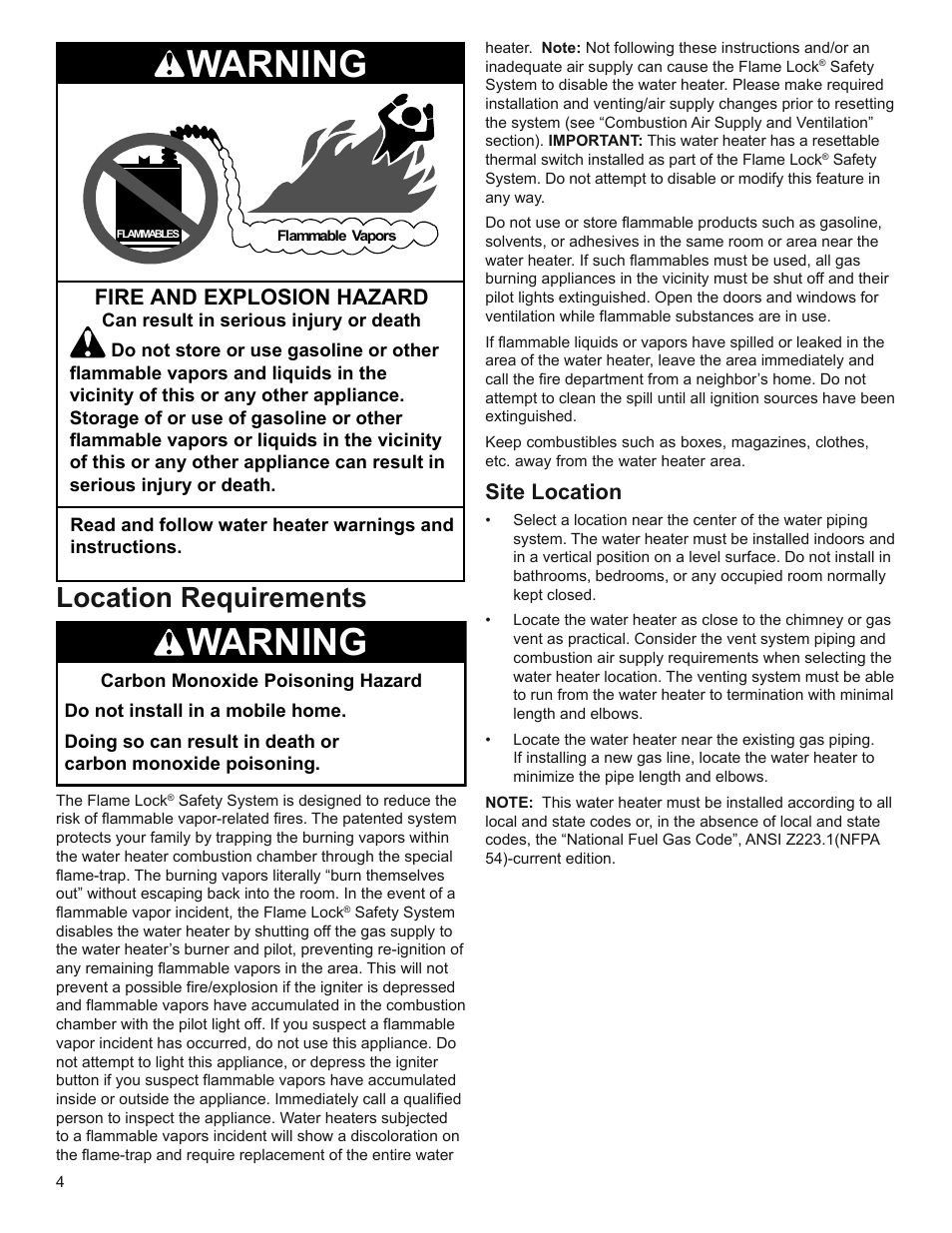 Warning, Location requirements, Fire and explosion hazard | Site location | Whirlpool Residential Gas Water Heater with the Flame Lock Safety System User Manual | Page 4 / 32