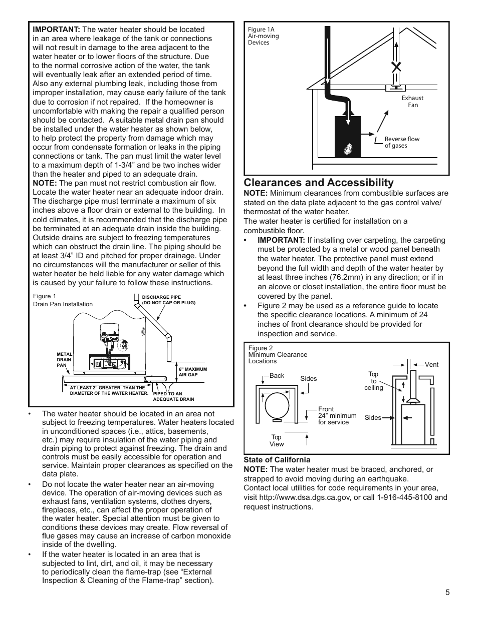Clearances and accessibility | Whirlpool Residential Gas Water Heater with the Flame Lock Safety System User Manual | Page 5 / 32
