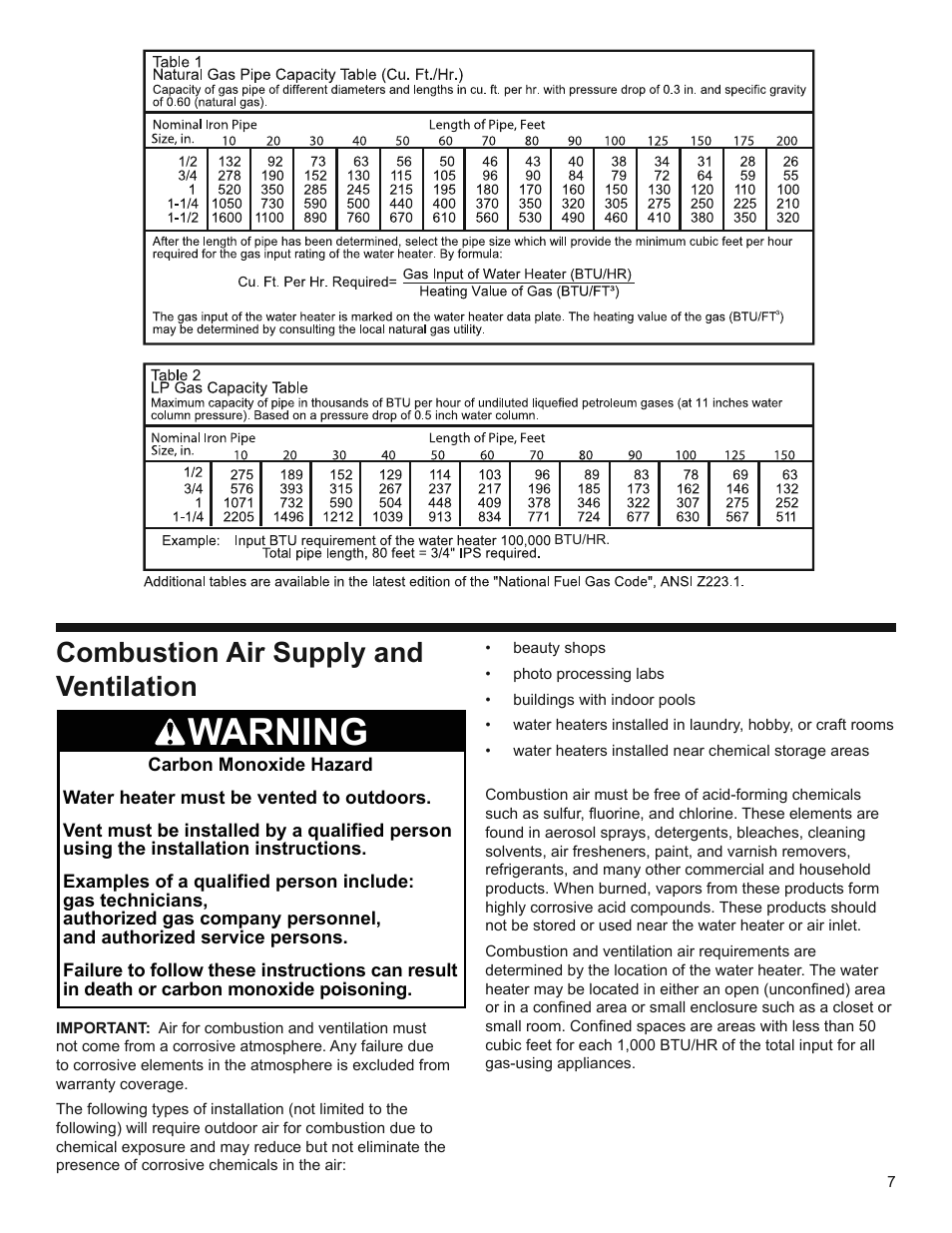 Warning, Combustion air supply and ventilation | Whirlpool Residential Gas Water Heater with the Flame Lock Safety System User Manual | Page 7 / 32