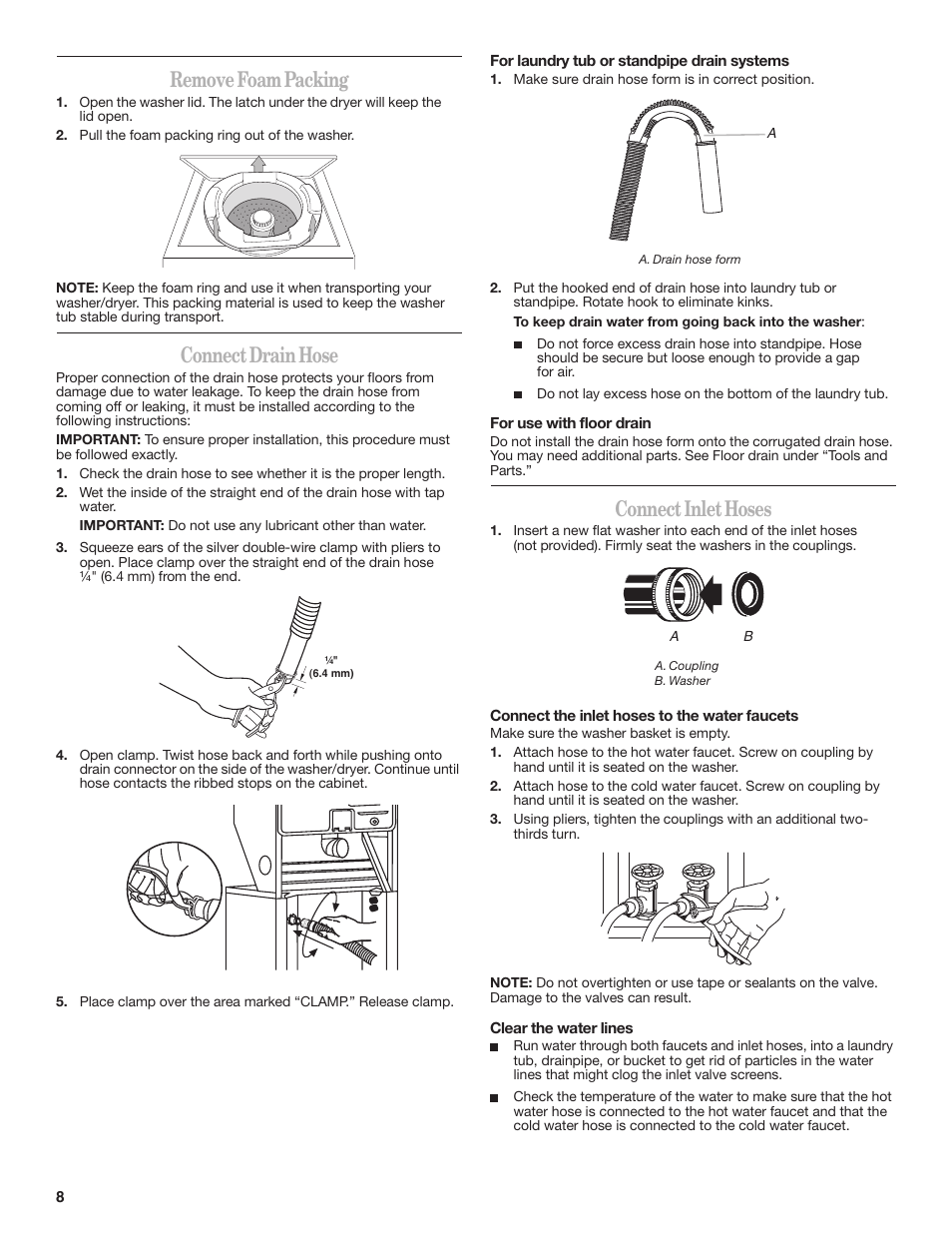 Remove foam packing, Connect drain hose, Connect inlet hoses | Whirlpool W10222384A User Manual | Page 8 / 12