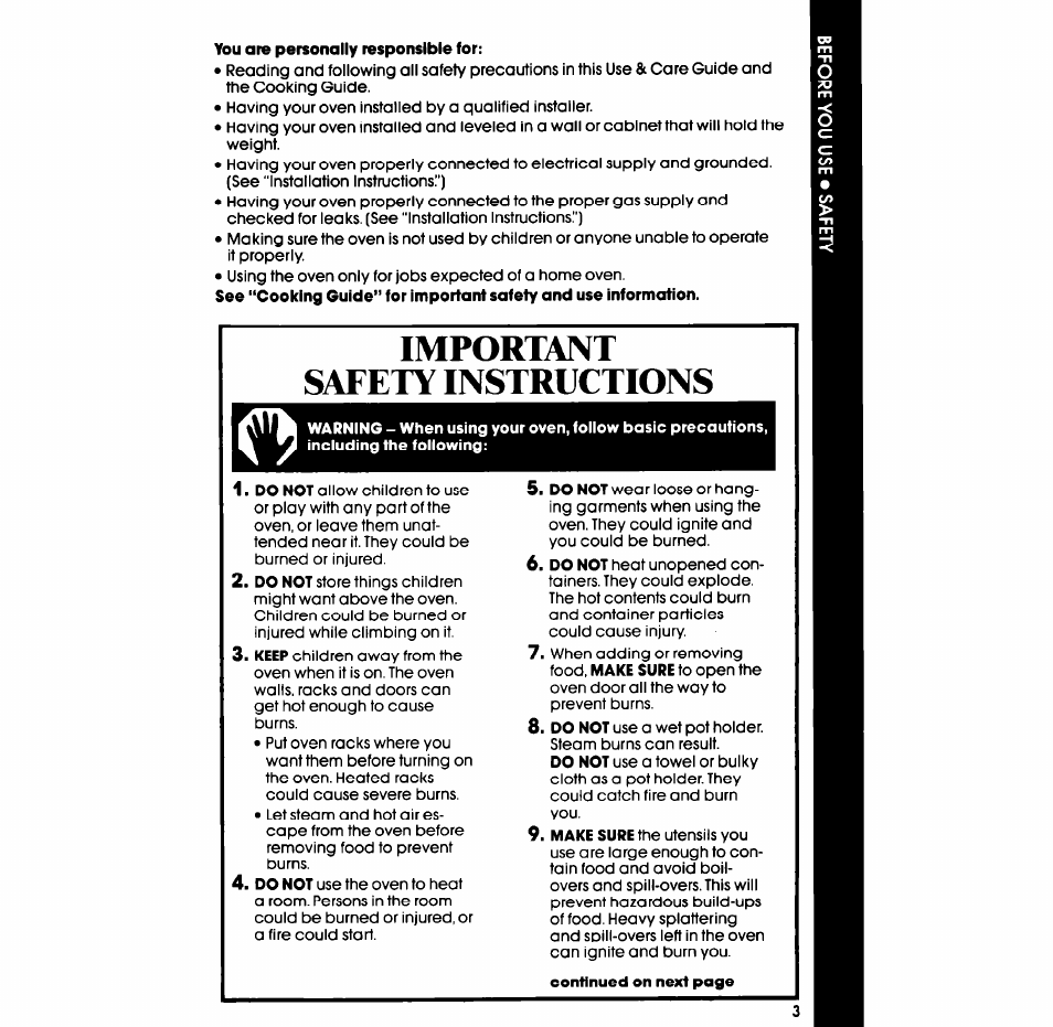 You are personally responsible for, Important safety instructions | Whirlpool SB100PER User Manual | Page 3 / 16