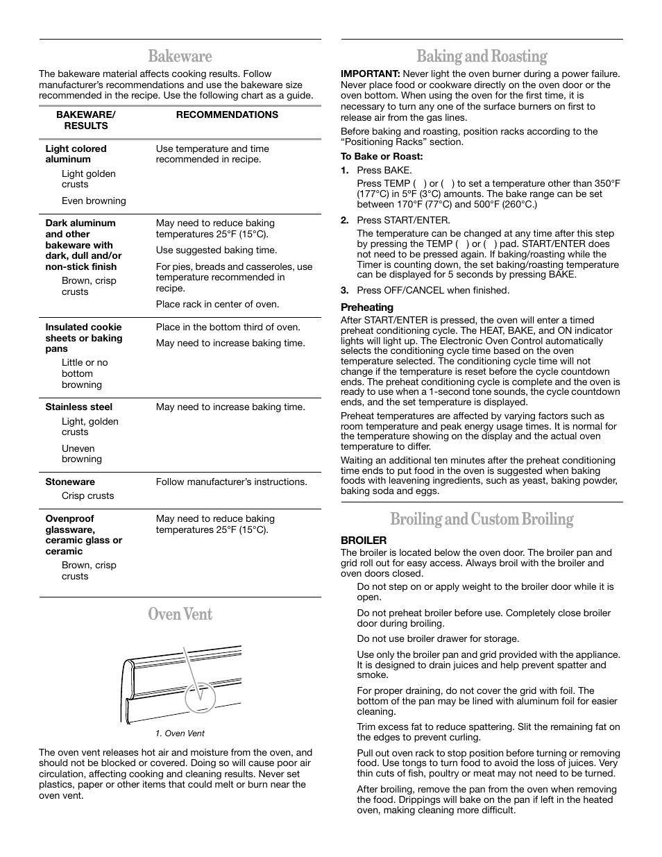 Bakeware, Oven vent, Baking and roasting | Broiling and custom broiling | Whirlpool YSF315PEK User Manual | Page 11 / 52