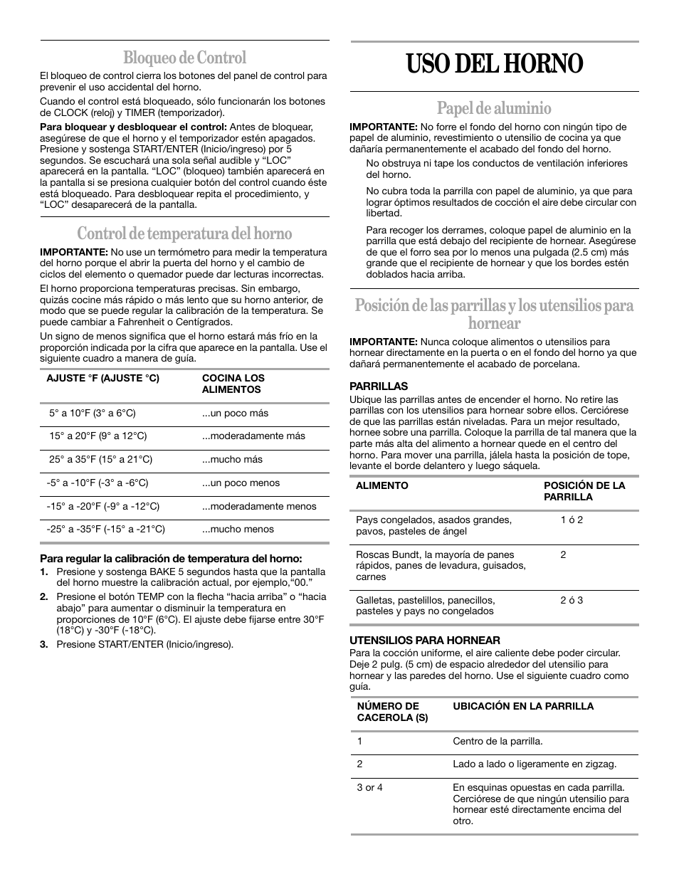 Uso del horno, Bloqueo de control, Control de temperatura del horno | Papel de aluminio | Whirlpool YSF315PEK User Manual | Page 27 / 52