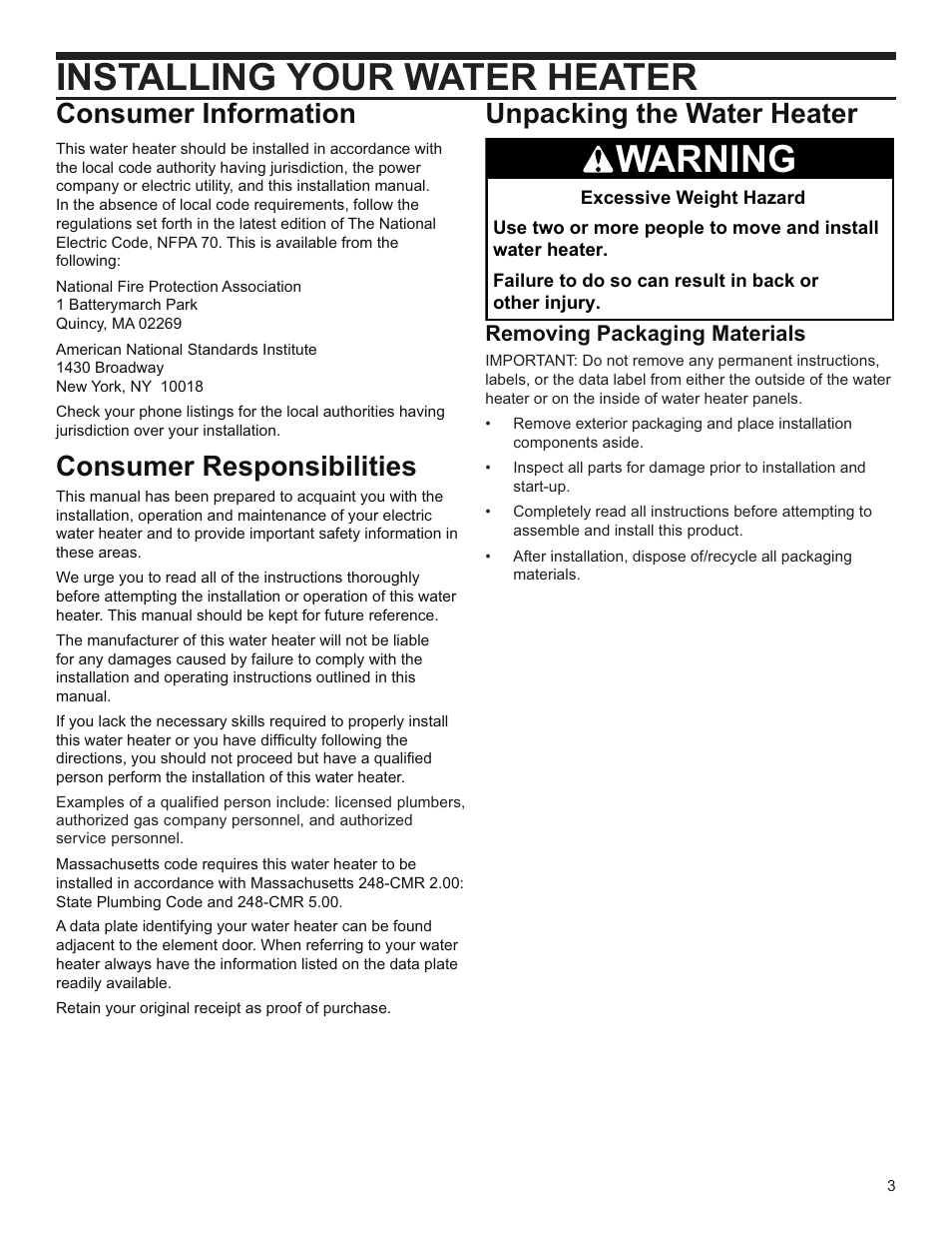 Installing your water heater, Warning, Consumer information | Consumer responsibilities, Unpacking the water heater | Whirlpool E2F65HD045V User Manual | Page 3 / 16