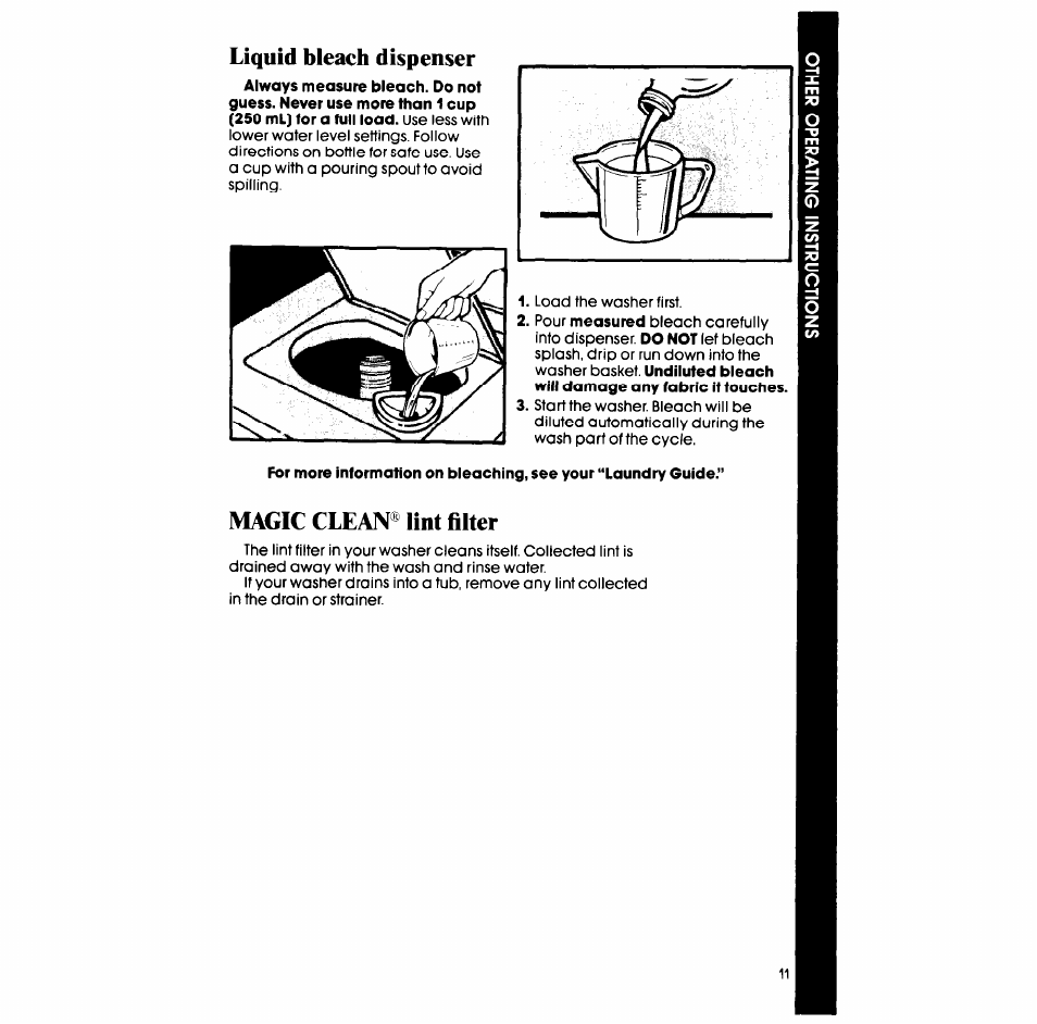 Liquid bleach dispenser, Magic clean® lint filter | Whirlpool LA5578XS User Manual | Page 11 / 16