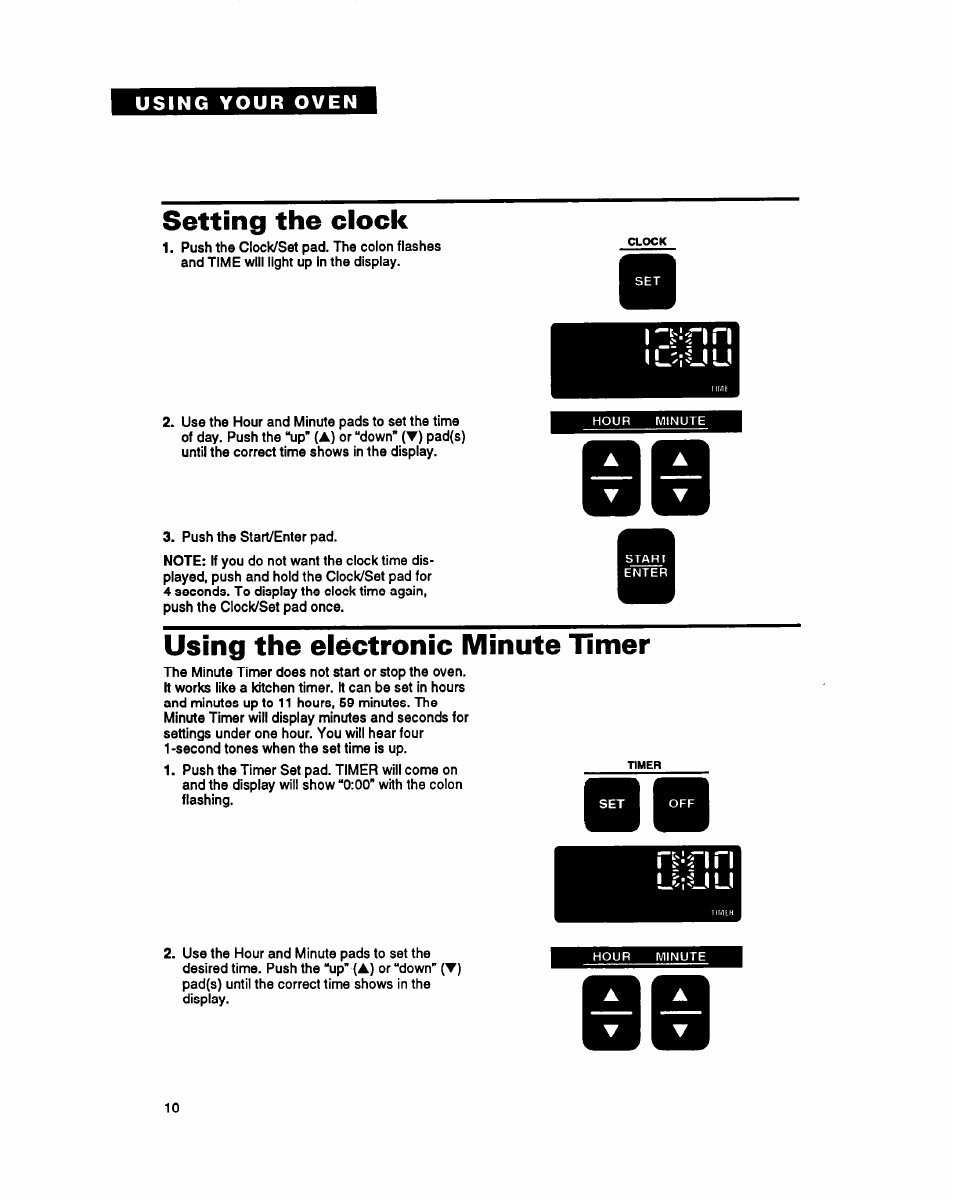 Setting the clock, Using the electronic minute tinner | Whirlpool RB260PXY User Manual | Page 10 / 40