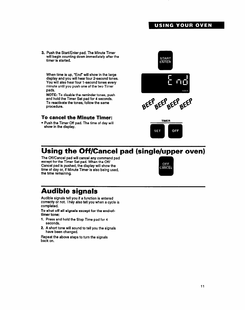 To cancel the minute timer, Using the off/cancel pad (single/upper oven), Audible signals | L mu | Whirlpool RB260PXY User Manual | Page 11 / 40