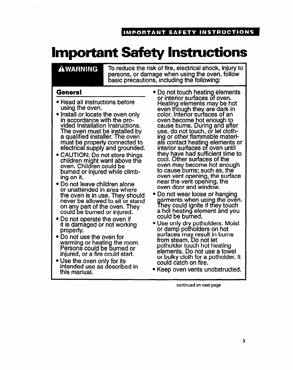 Important safety instructions, Important safety, Instmctions | Warning | Whirlpool RB260PXY User Manual | Page 3 / 40