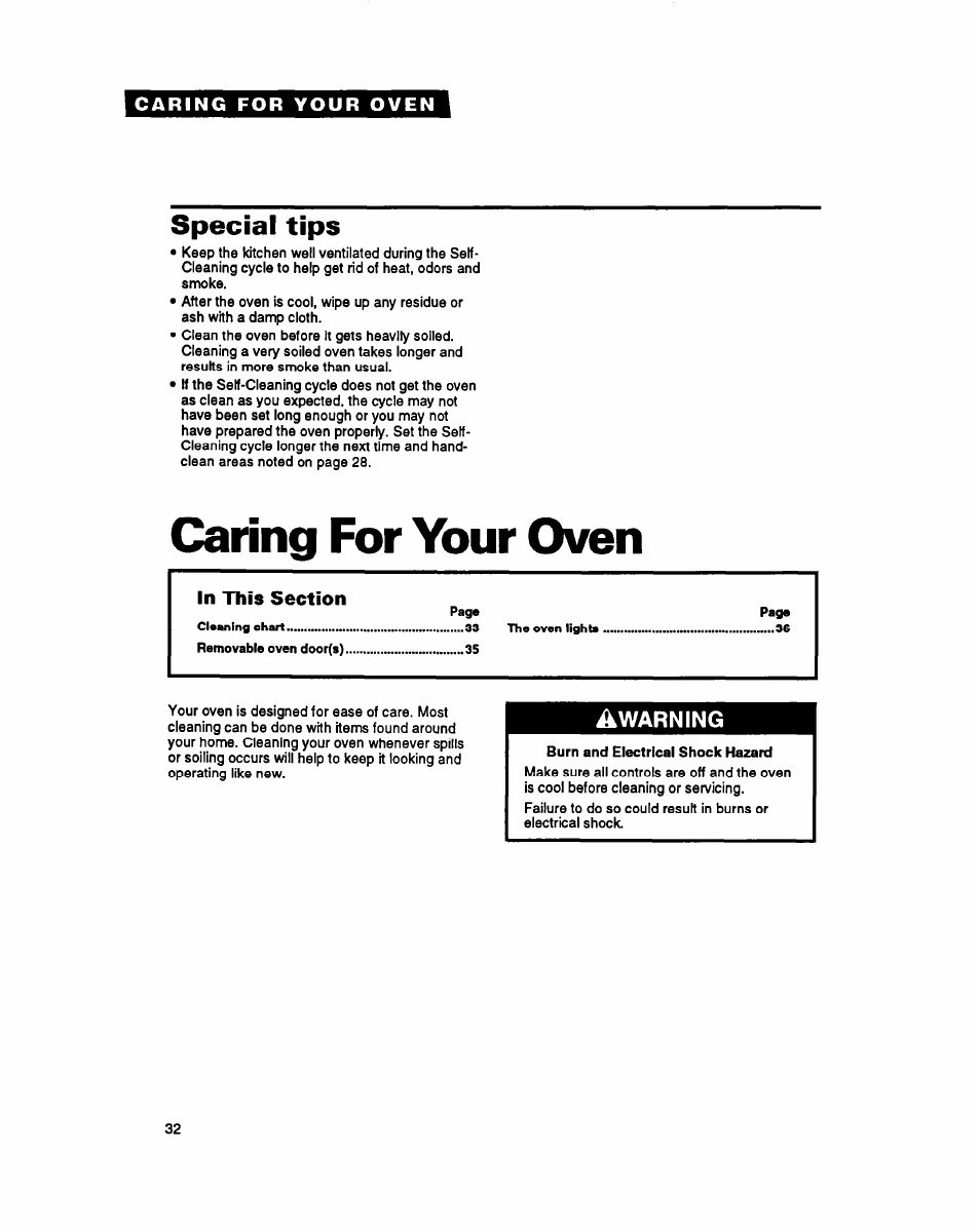 Special tips, Caring for your oven | Whirlpool RB260PXY User Manual | Page 32 / 40