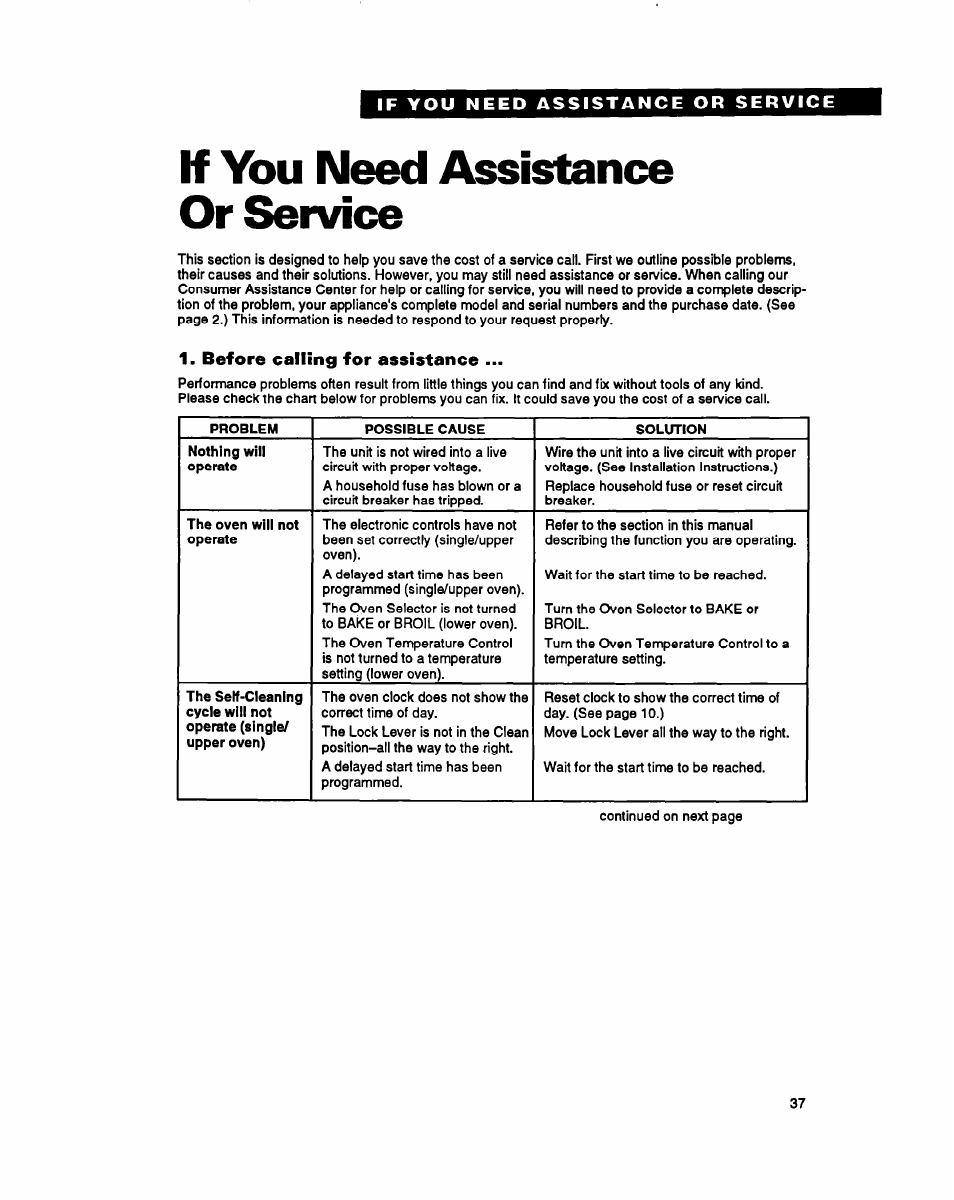 If you need assistance or service, Before calling for assistance, If you need assistance | Or service | Whirlpool RB260PXY User Manual | Page 37 / 40